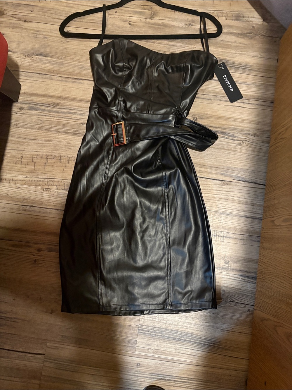 bebe Black Faux Leather Belted Mini Dress